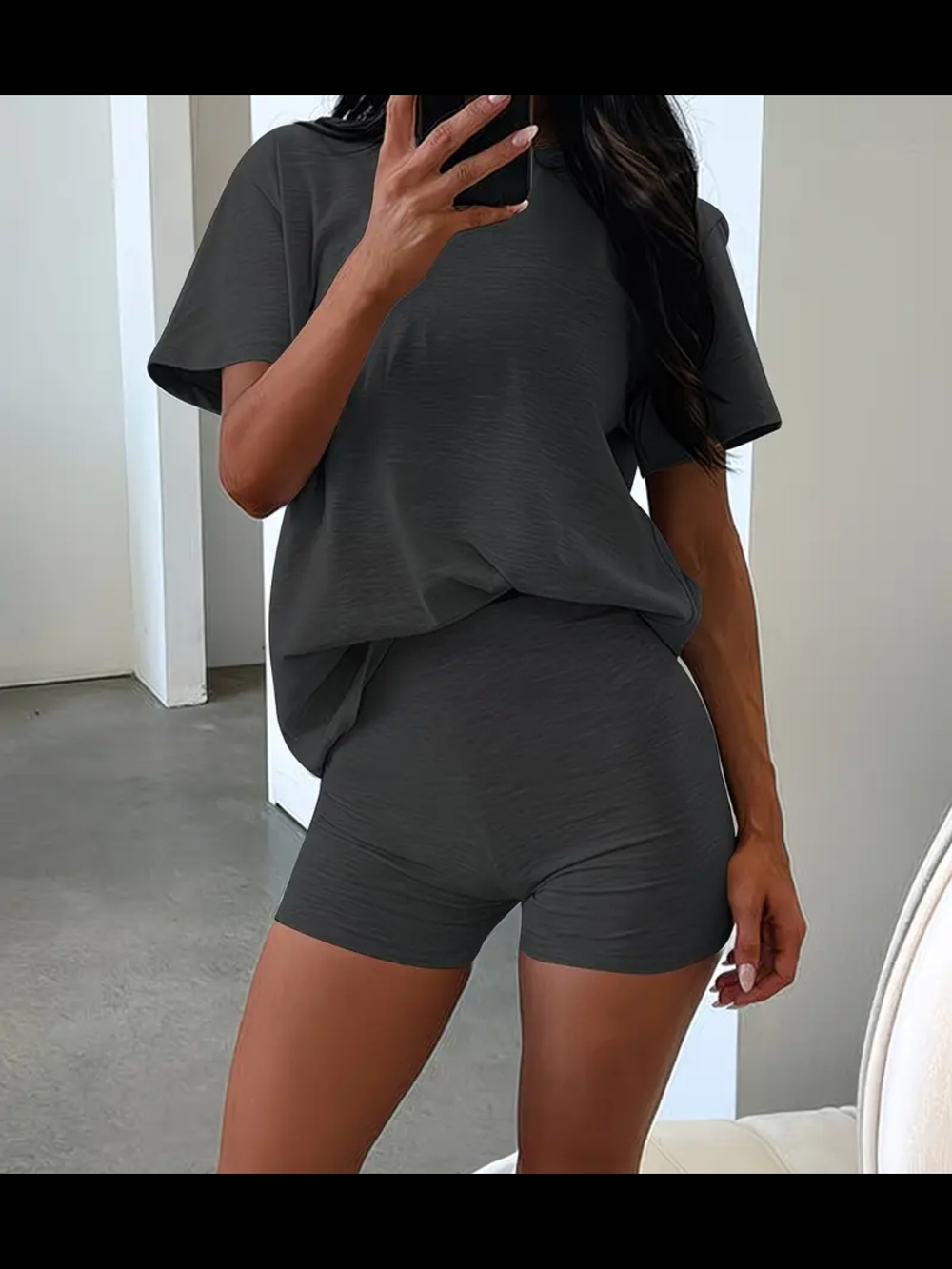 Casual Two-Piece Knit Lounge Set in Charcoal Gray